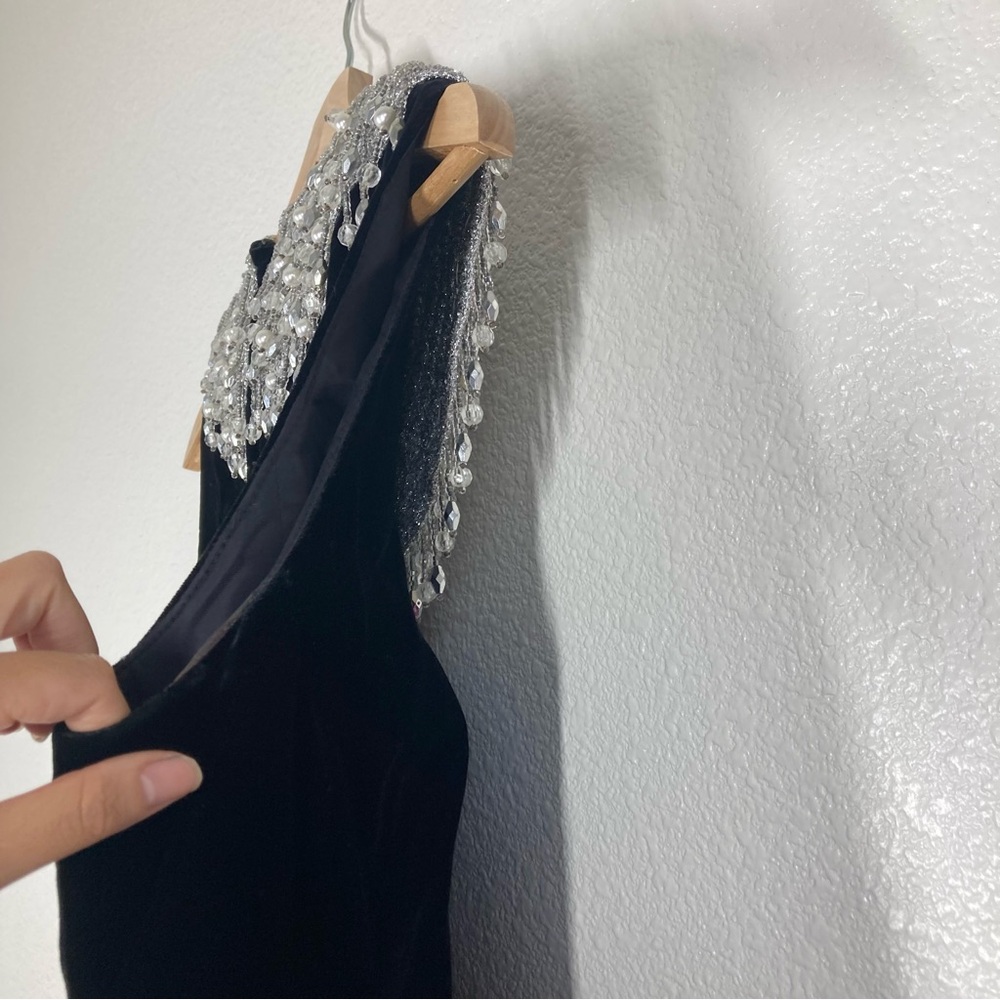 Joseph Magnin Vintage 70s Dress M velvet Embellished Black Silver stones Glam - Picture 13 of 16